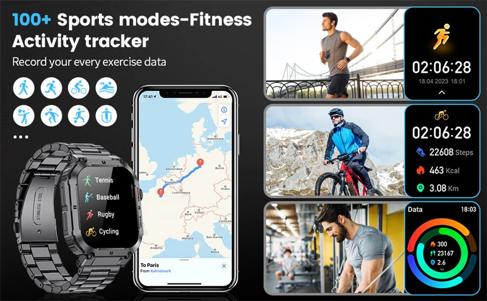 For All Smartphone Connections Bluetooth Call Sports Fitness Bracelet Waterproof Smartwatch Men's Watch Outdoor Rugged Military