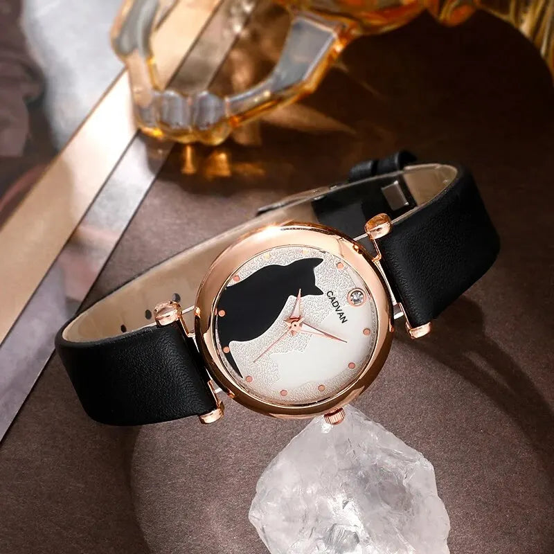 6PCS Set Women Fashion Quartz Watch Female Clock Cute Cat Dial Luxury Brand Design Ladies Leather Wrist Watch Montre Femme