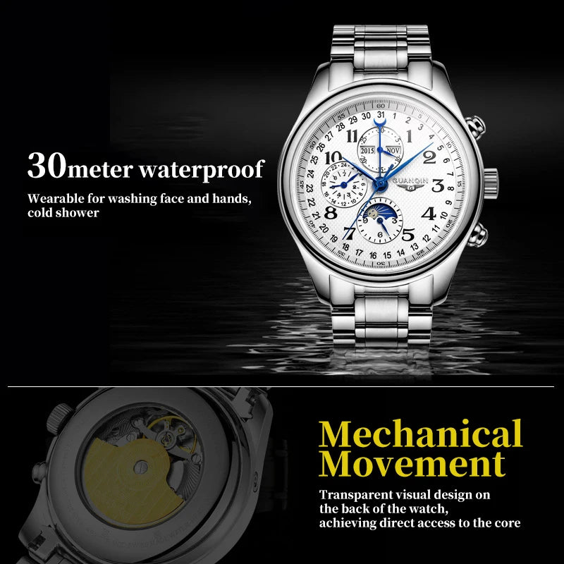 GUANQIN 2024 Men watches Top brand Luxury Mechanical Automatic Stainless steel Waterproof Moon Phase Watch Sapphire Wristwatch