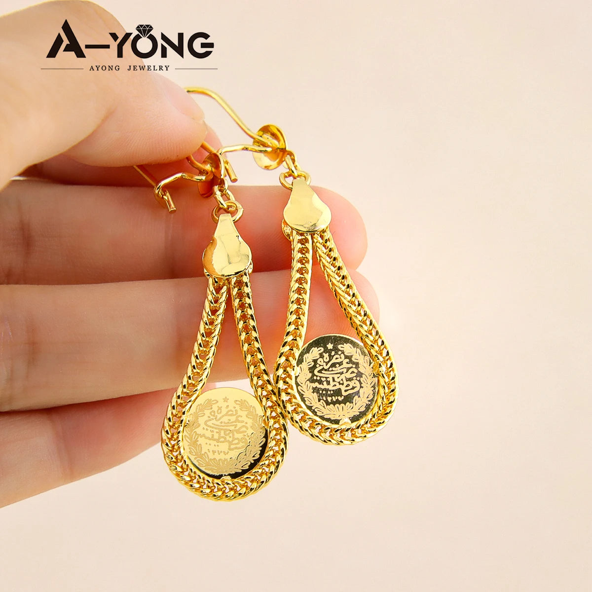 AYONG Arab Lira Coin Hook Drop Earrings 18k Gold Plated Dubai African Copper Dangle Earring for Women Bridal Jewelry Gifts