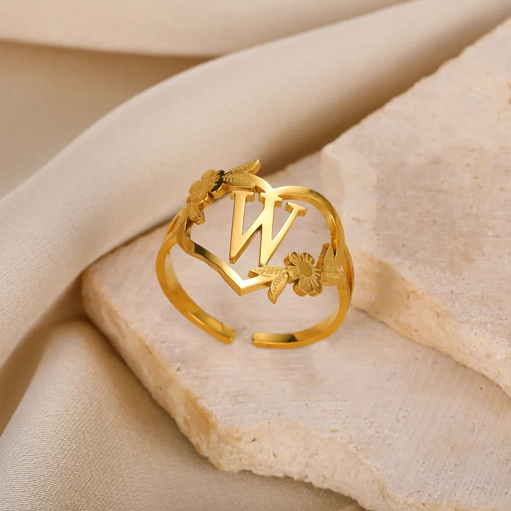 Stainless Steel Initials Flower Heart Rings Gold Color Adjustable Delicate Letter Leaf Rings for Women Girl Alphabet Jewelry