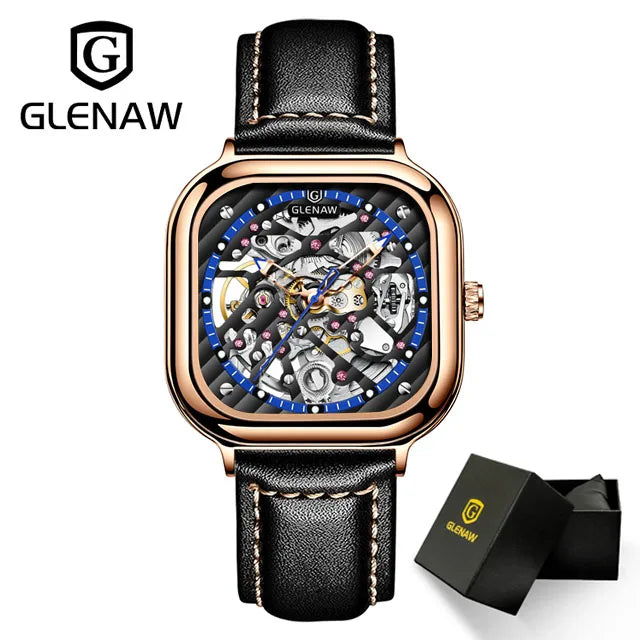 GLENAW Design Mechanical Watch For Men Fashion Business High Quality Leather Automatic Watches Square Stainless Steel Clock+Box