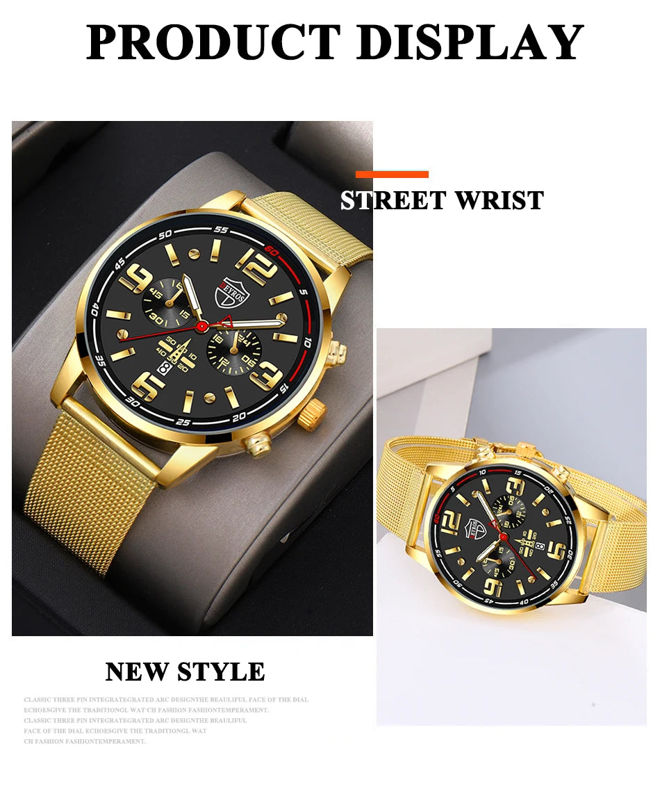 2PCS Fashion Mens Business Sports Watches Male Casual Stainless Steel Mesh Belt Quartz Watch Men Necklace Wrist Watch