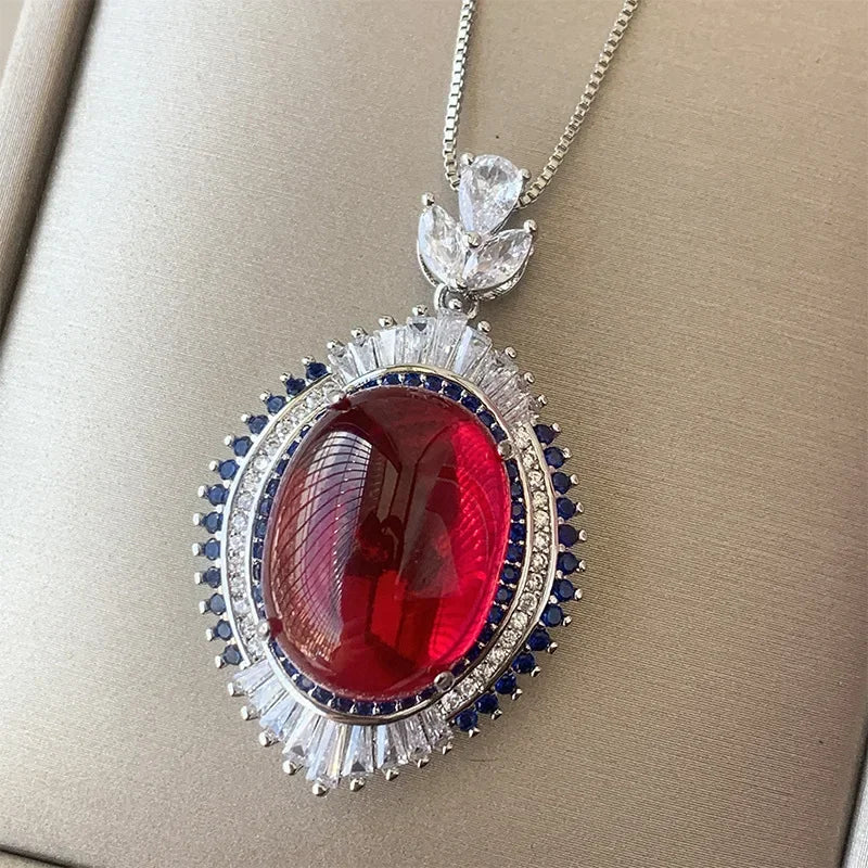 Vintage Ruby Crystal Stone Necklace Pendant Adjustable Ring Earring Luxury Wedding Party Fine Jewelry for Women Anniversary Gift