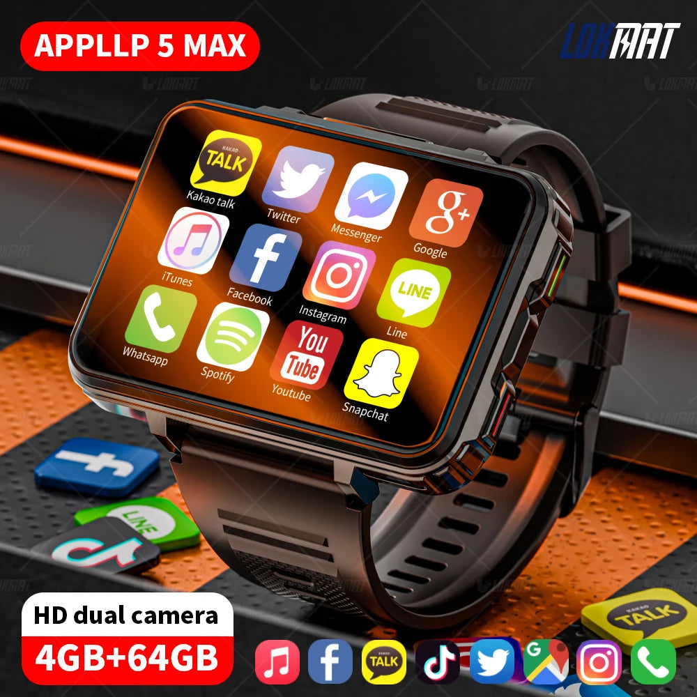 LOKMAT APPLLP 5 MAX Android Watch Phone Square Big Screen Wifi 4G Calls Smartwatches Dual Camera with Flashlight Gaming Watch