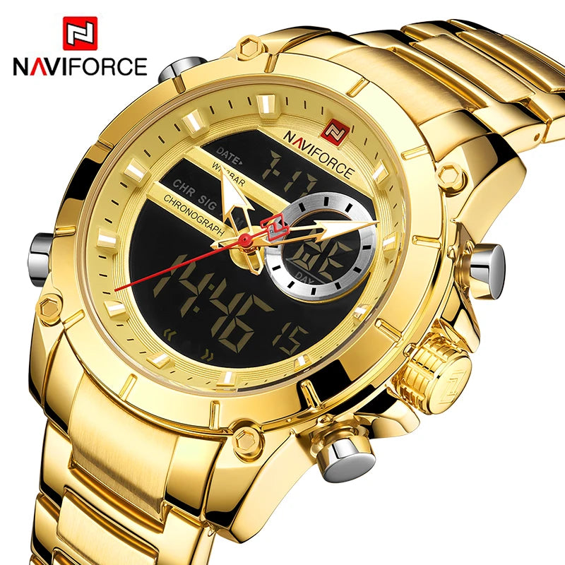 NAVIFORCE 9163 Luxury Original Sport Wrist Watch For Men Quartz Steel Waterproof Dual Display Military Watches Relogio Masculino