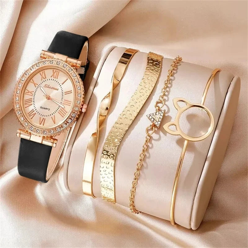 Women's Fashion Quartz Watch Luxury Leather Band Analog WristWatch Ladies Watch Women Dress Bracelet Set Reloj Mujer Clock