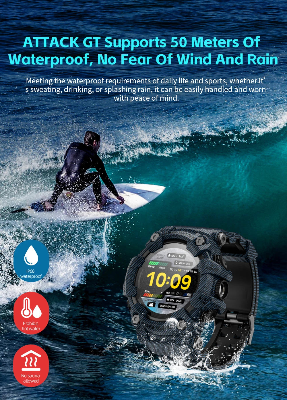 LOKMAT Rugged Sport Smart Watch ATTACK-GT Bluetooth Calls Colorful Waterproof Military Smartwatches with Flashlight for Phone