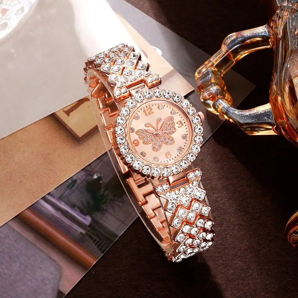 6pcs Jewelry Set Rose Gold Luxury Watch Women Ring Necklace Earring Rhinestone Fashion Wristwatch Casual Ladies Watches