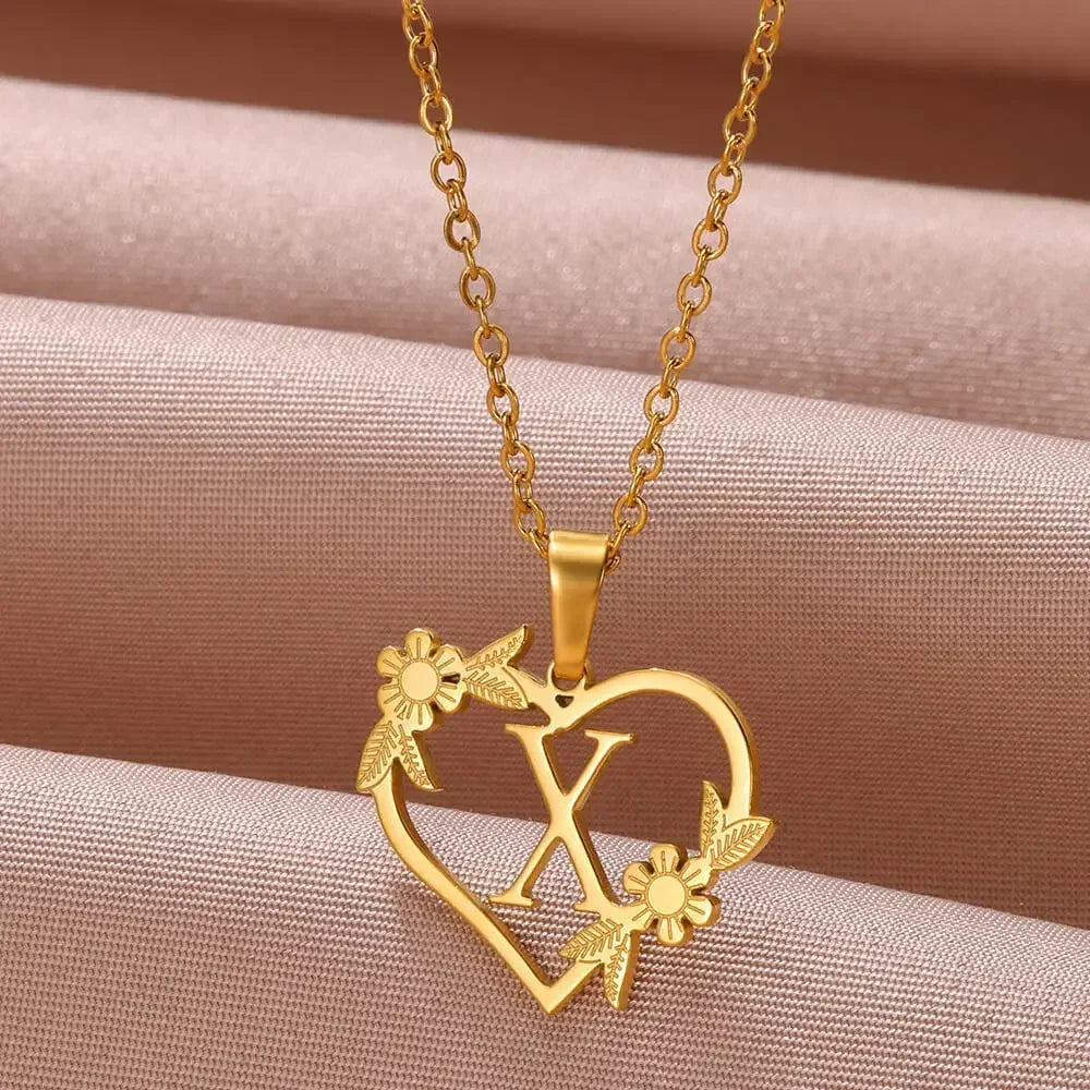 Gold Color Dainty Flower Initials Necklace Women Girl Stainless Steel Heart Letter Choker Necklace Best Gifts Alphabet Jewelry