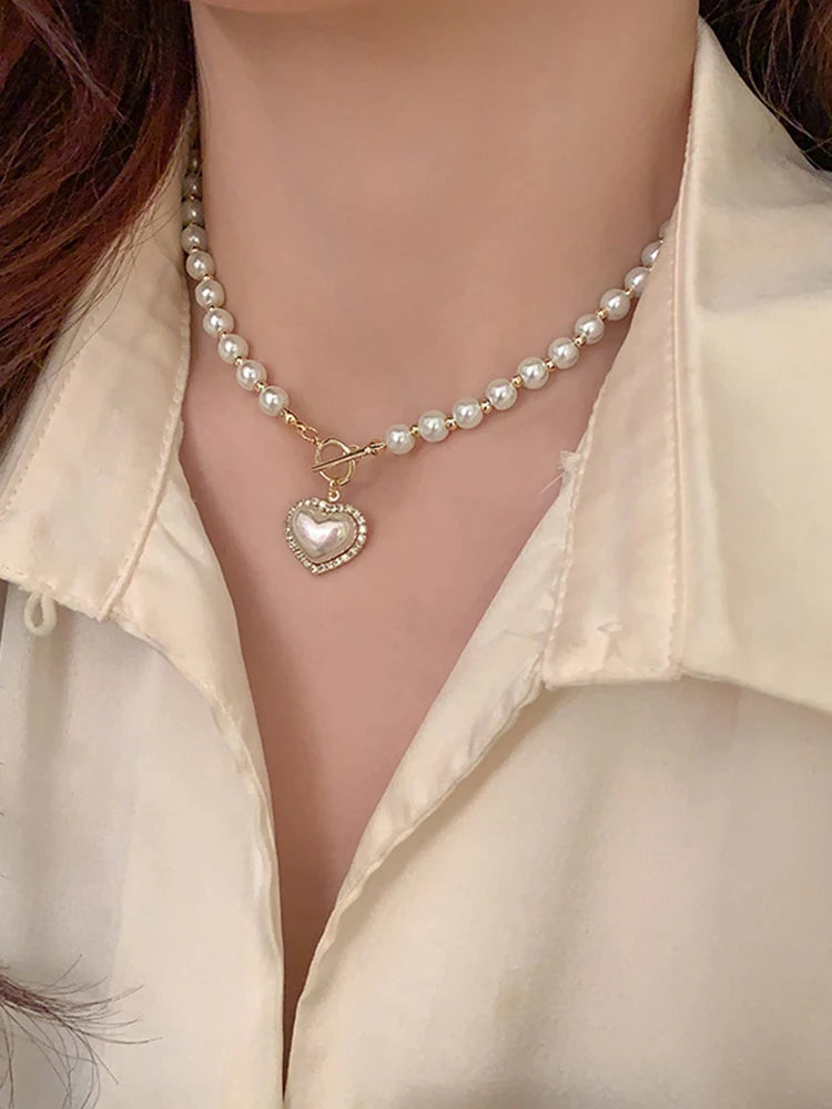 Elegant Pearl Necklace For Women Heart Pendant Necklaces Luxury Imitation Pearls Chain Necklaces Korean Jewelry Girls Gifts