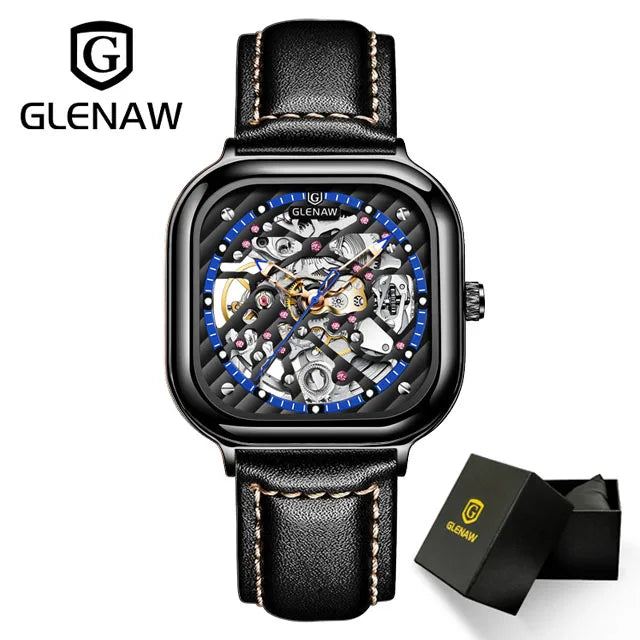 GLENAW Design Mechanical Watch For Men Fashion Business High Quality Leather Automatic Watches Square Stainless Steel Clock+Box