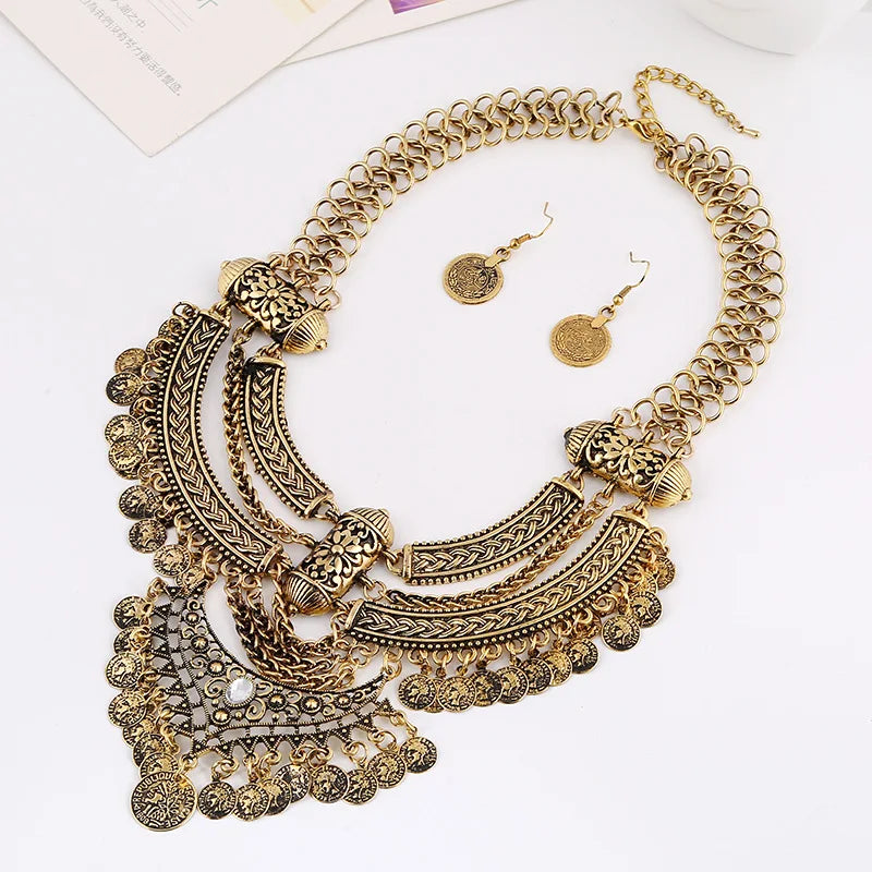 Fashion Choker Collar Jewelry Sets For Women Coin Tassel Ethnic Gypsy Bohemian Statement Collier Necklaces Drop Dangle Earrings