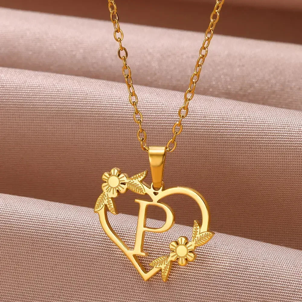 Gold Color Dainty Flower Initials Necklace Women Girl Stainless Steel Heart Letter Choker Necklace Best Gifts Alphabet Jewelry