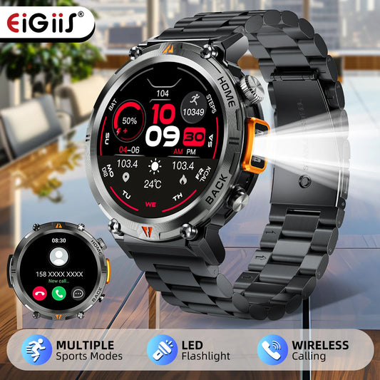 EIGIIS 2024 New KE3 Bluetooth Call Smart Watch Men Full Touch Screen Health Monitor Clock With Flashlight  For IOS Android