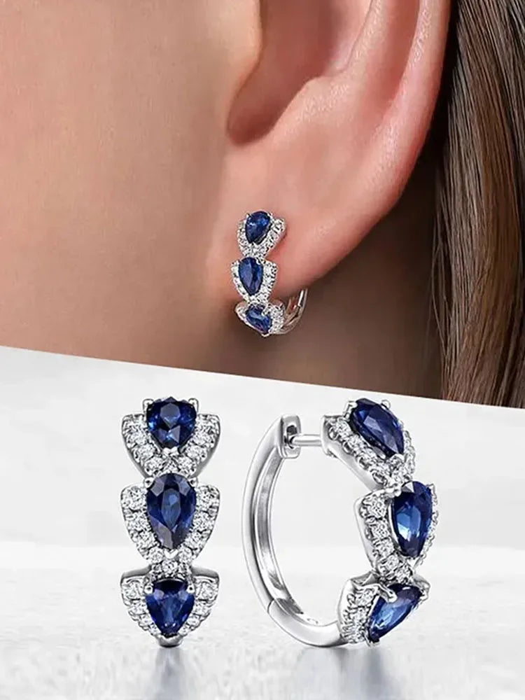 Huitan Luxury Trendy Blue Cubic Zirconia Hoop Earrings Wedding Party Elegant Accessories for Women Anniversary Gift New Jewelry