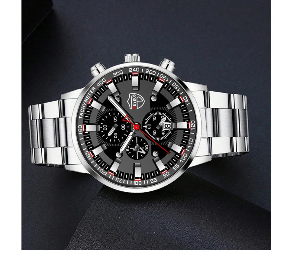 3PCS DEYROS Fashion Mens Calendar Watches Luxury Male Stainless Steel Quartz Wristwatch Men Bracelet Necklace Wrist Watch