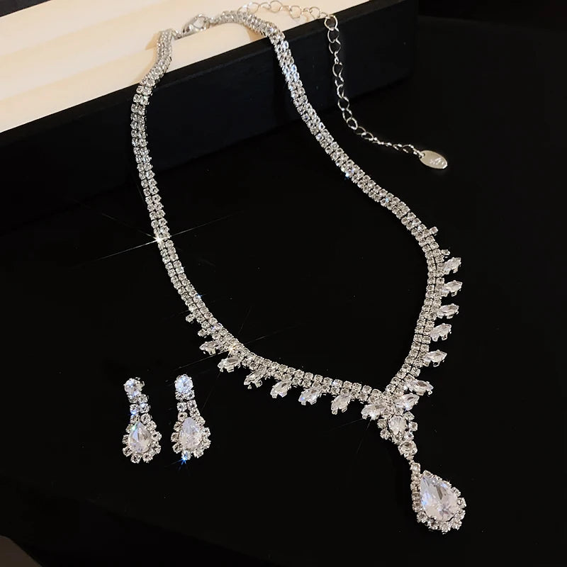 Large Water Drop Flower Necklace Earrings Set Shining Full Rhinestone Necklace For Women Bridal Wedding Party Jewelry Sets