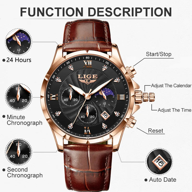 New Mens Watches LIGE Top Brand Luxury Leather Casual Quartz Watch Men's Sport Waterproof Clock Watch Relogios Masculino+Box