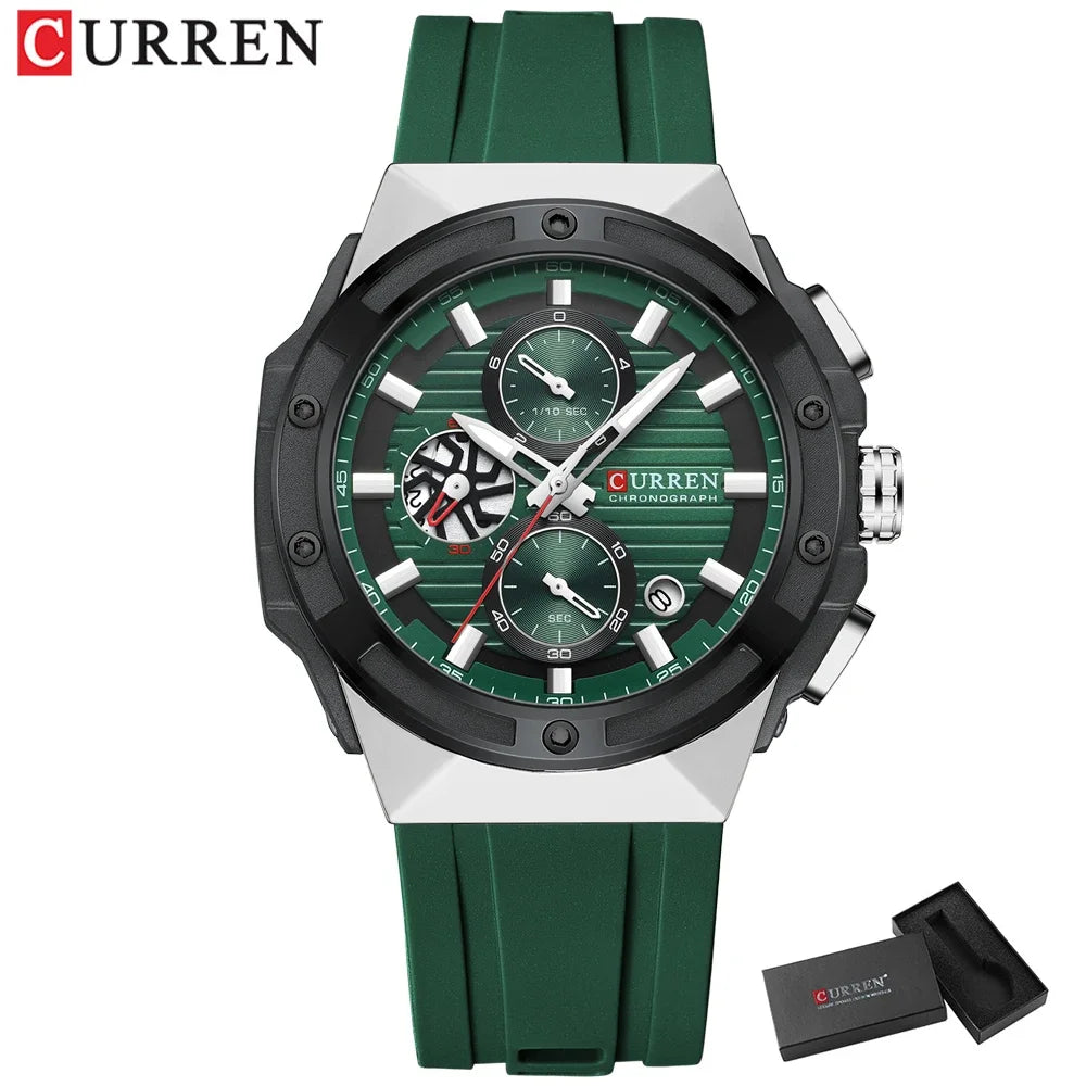 CURREN Fashionable Sports Multifunctional Chronograph Quartz Watch with Silicone Strap Creative Design Dial Luminous Hands