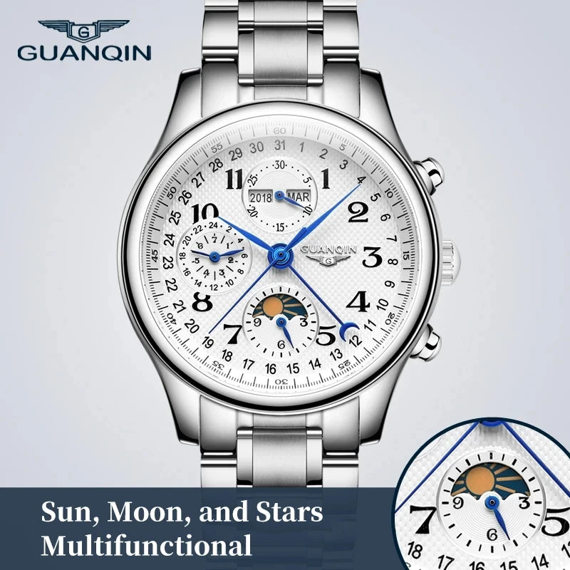 GUANQIN 2024 Men watches Top brand Luxury Mechanical Automatic Stainless steel Waterproof Moon Phase Watch Sapphire Wristwatch