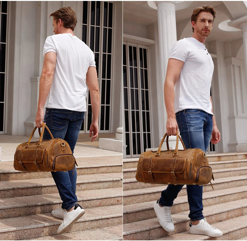 MUNUKI Vintage Crazy Horse Genuine Leather Travel bag  Large Luggage bag men Leather duffle bag Large Weekend Bag Tote Big