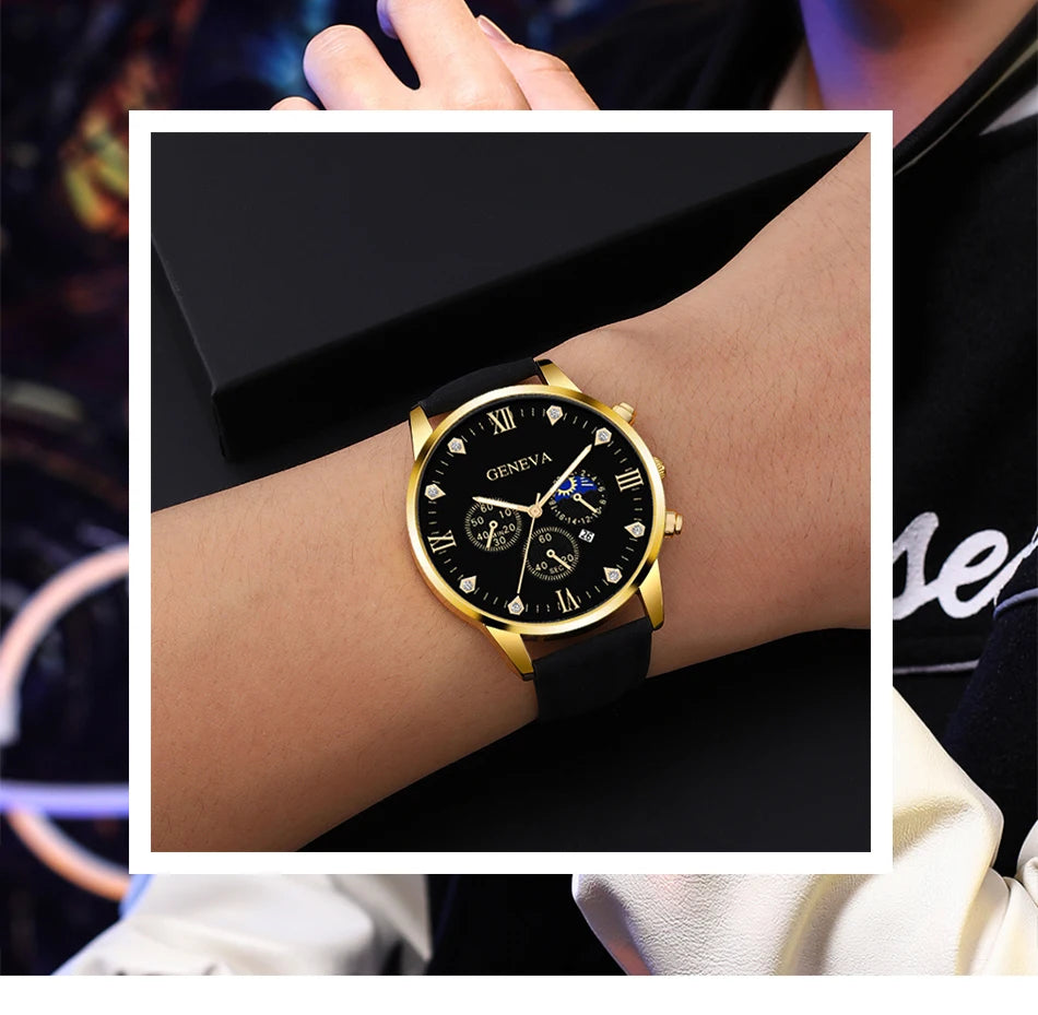 2pcs Luxury Mens Quartz Watches Bracelet Watch Set For Men Business Fashion Casual Round Pointer Calendar Watch