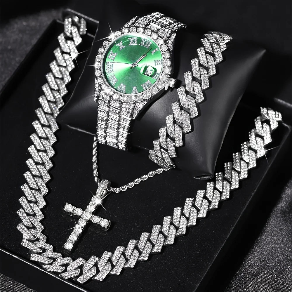 4pcs/set Mens Bling Wrist Watch & Hip Hop Cuban Chain Necklace Set - Rhinestone Accented, Round Dial, Electronic Quartz Movement