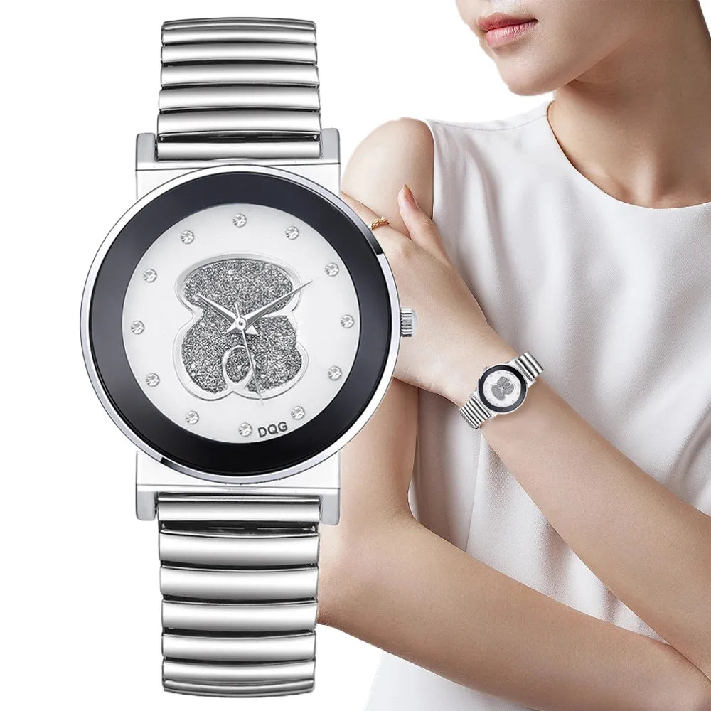 Luxury Ladies Black White Bear Diamond Simple Design Branded Quartz Watch Fashion Stretch Women Dress Clock Creative Watches