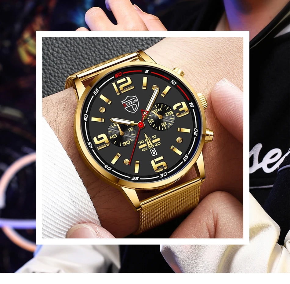 2PCS Fashion Mens Business Sports Watches Male Casual Stainless Steel Mesh Belt Quartz Watch Men Necklace Wrist Watch