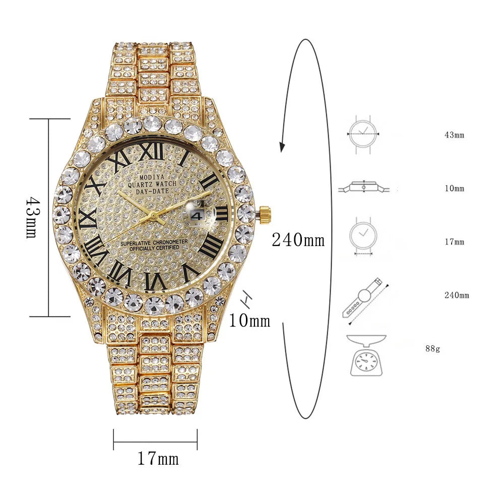 Montre homme Hip Hop Iced Out entièrement en strass AAA autour des montres à quartz de luxe horloge ronde montre-bracelet unisexe cadeau pour petit ami