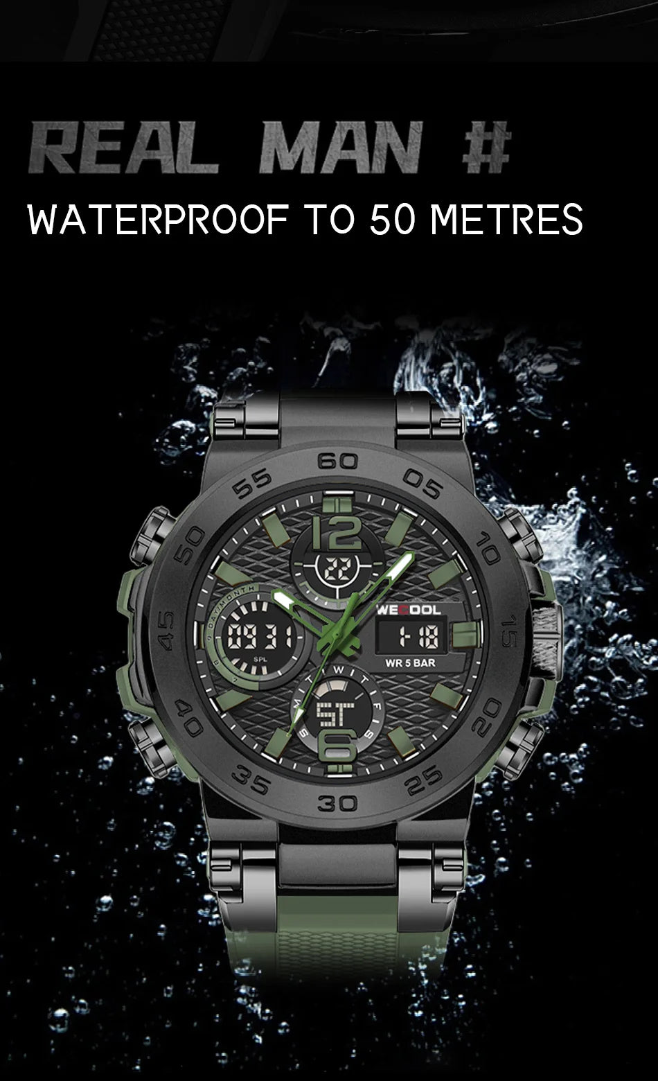 WECOOL Brand Dual Display Digital W-822 50M Waterproof Alarm Clock Luminous  Watch For Man