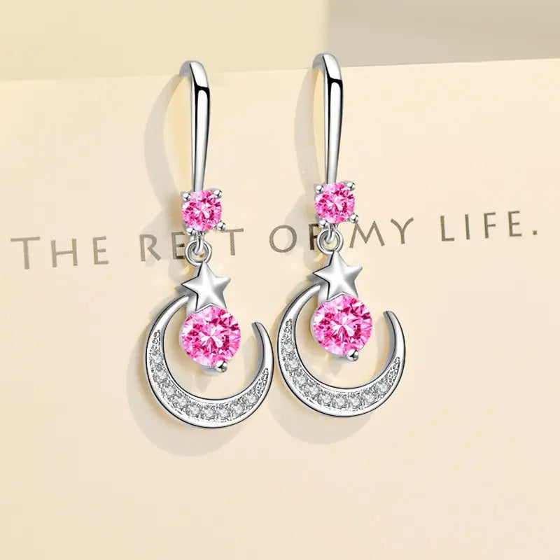 Female Fashion Star Moon Earrings 925 Sterling Silver White Sapphire Pink Blue White Artificial Dangle Earrings