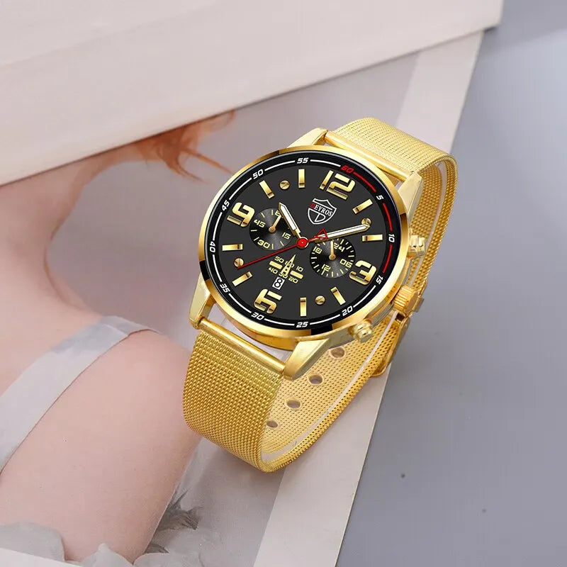 2PCS Fashion Mens Business Sports Watches Male Casual Stainless Steel Mesh Belt Quartz Watch Men Necklace Wrist Watch