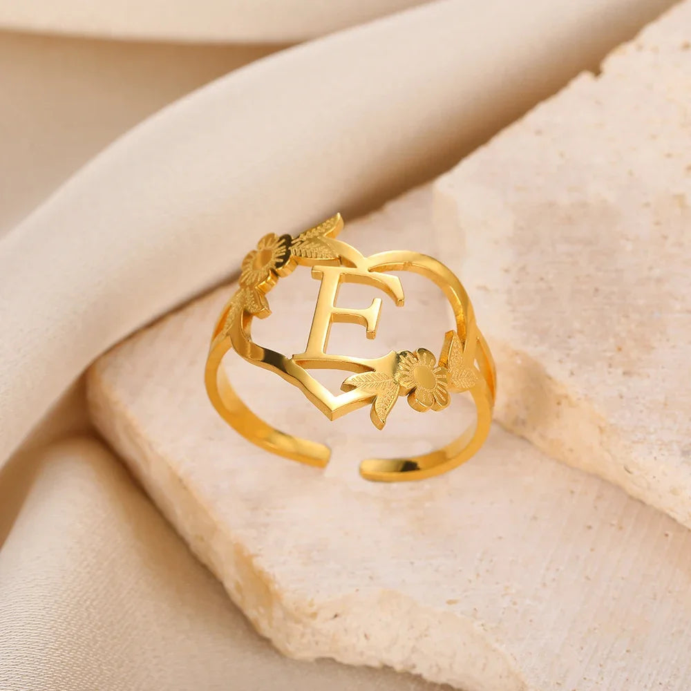 Stainless Steel Initials Flower Heart Rings Gold Color Adjustable Delicate Letter Leaf Rings for Women Girl Alphabet Jewelry