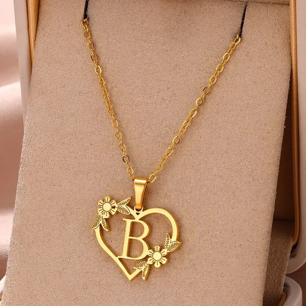 Gold Color Dainty Flower Initials Necklace Women Girl Stainless Steel Heart Letter Choker Necklace Best Gifts Alphabet Jewelry