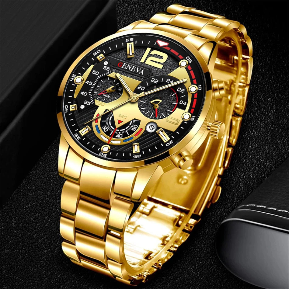 3PCS/Set Fashion Men's Watches Stainless Steel Band Analog Quartz Watch Calendar Watches Jewelry Set（Without Box）