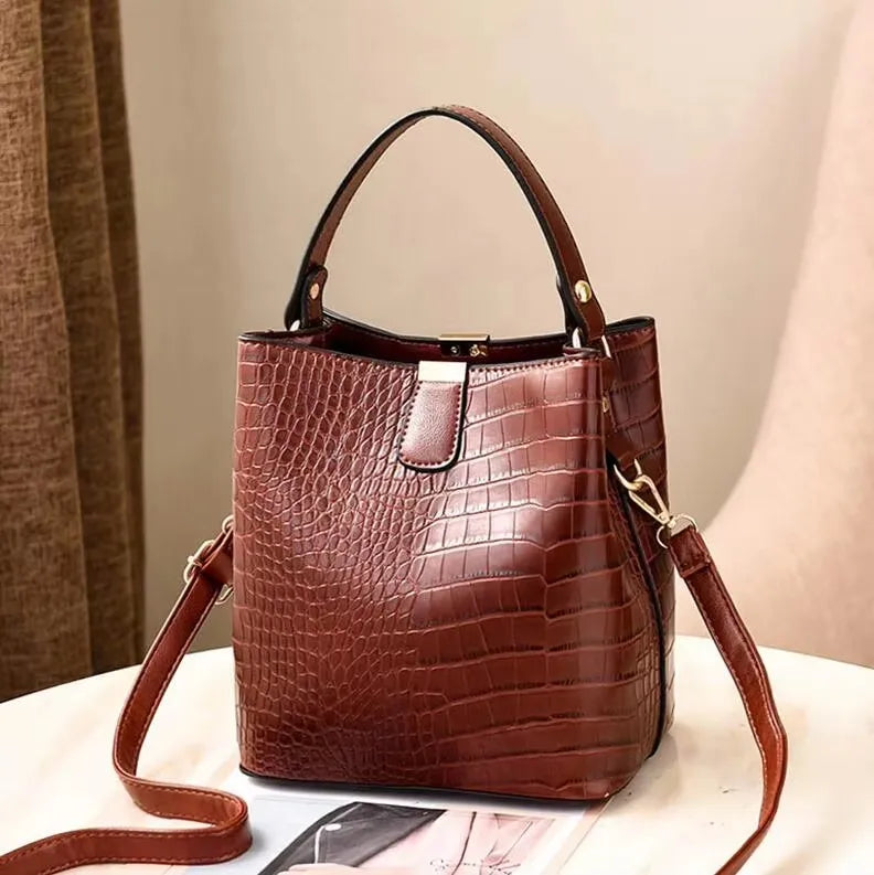 Vintage Alligator Leather Handbag Shoulder Crossbody Bags Fashion Female Bucket Bag Large Capacity Women Tote Bag