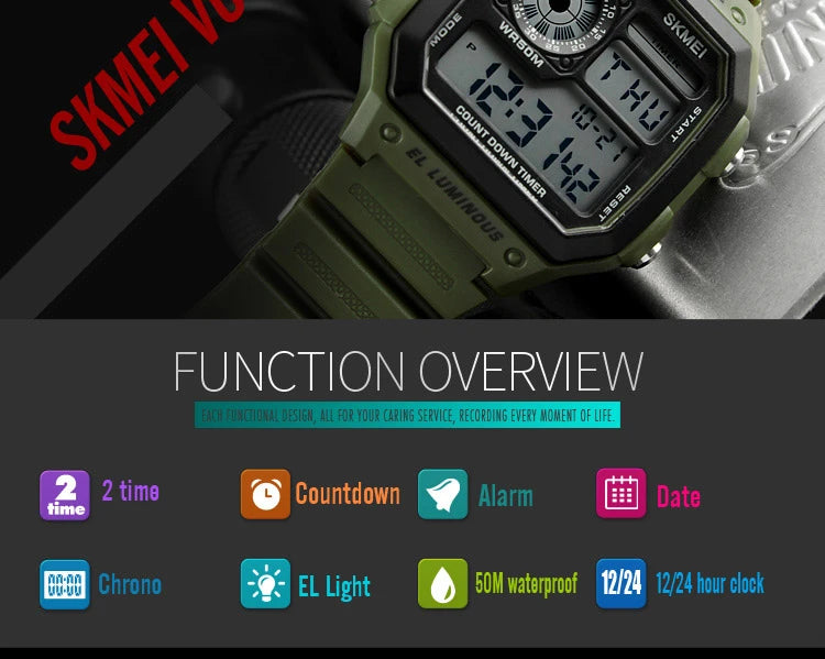 SKMEI 1299 Fashion Men PU Strap Multifunction Waterproof Watches Alarm Male Digital Watch reloj hombre Outdoor Sport Watch