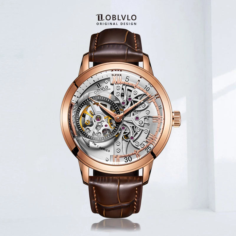 OBLVLO Retro Casual Men Skeleton Automatic Watches Mechanical Calfskin Strap Mineral Crystal Glass Waterproof Clock Dial 45mm VM