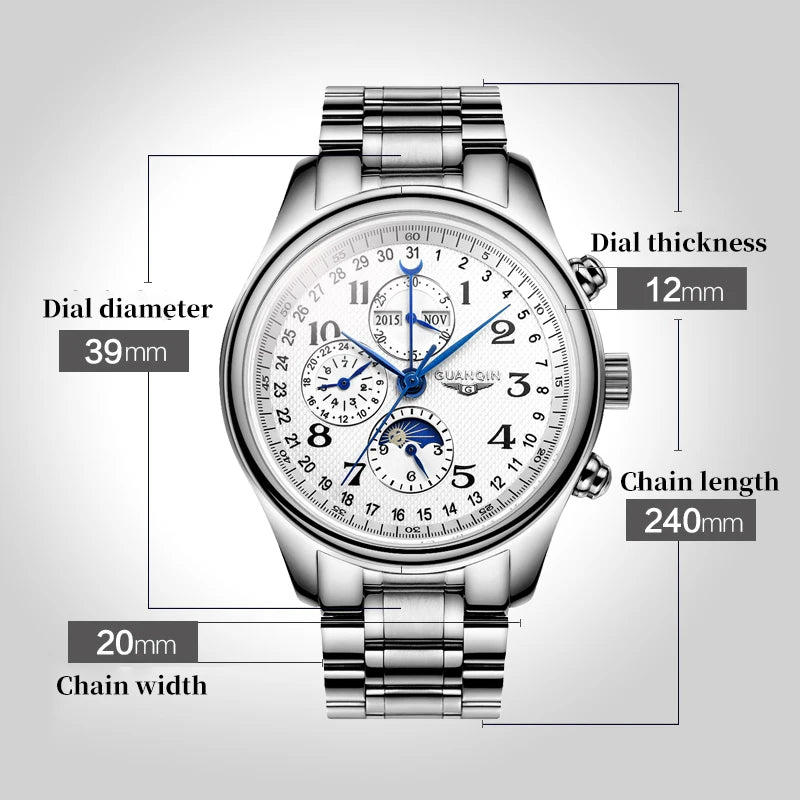 GUANQIN 2024 Men watches Top brand Luxury Mechanical Automatic Stainless steel Waterproof Moon Phase Watch Sapphire Wristwatch