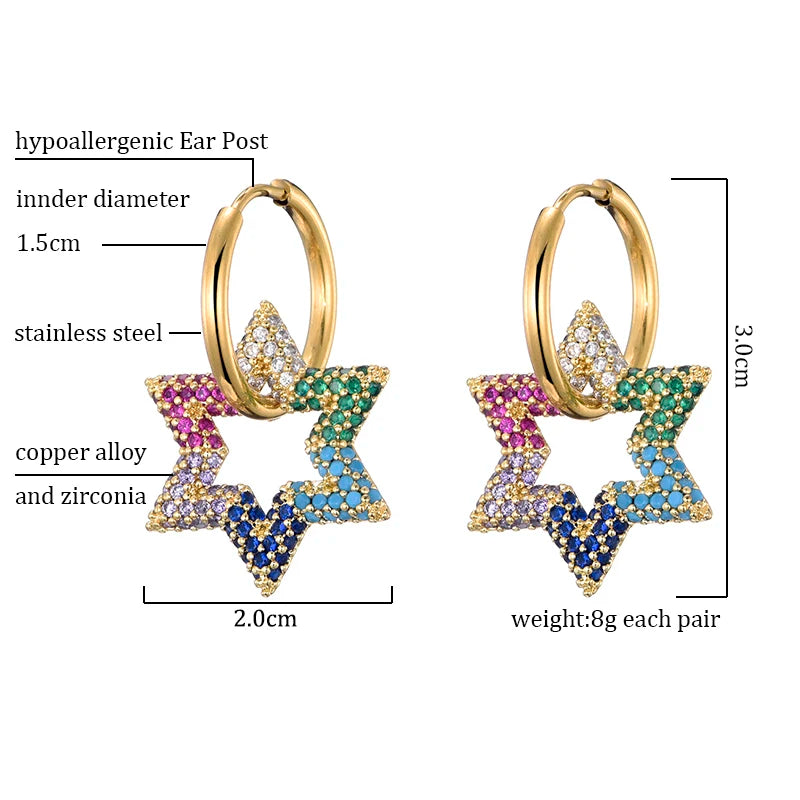 Fashion Star Round Stainless Steel Hoop Earrings For Women Cubic Zirconia Geometric Gold Color Wedding Elegant Jewelry Gift