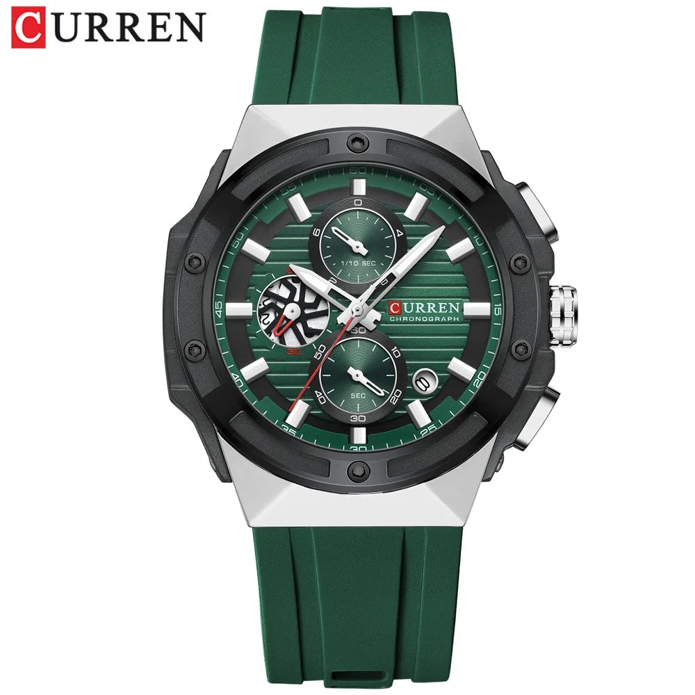 CURREN Fashionable Sports Multifunctional Chronograph Quartz Watch with Silicone Strap Creative Design Dial Luminous Hands