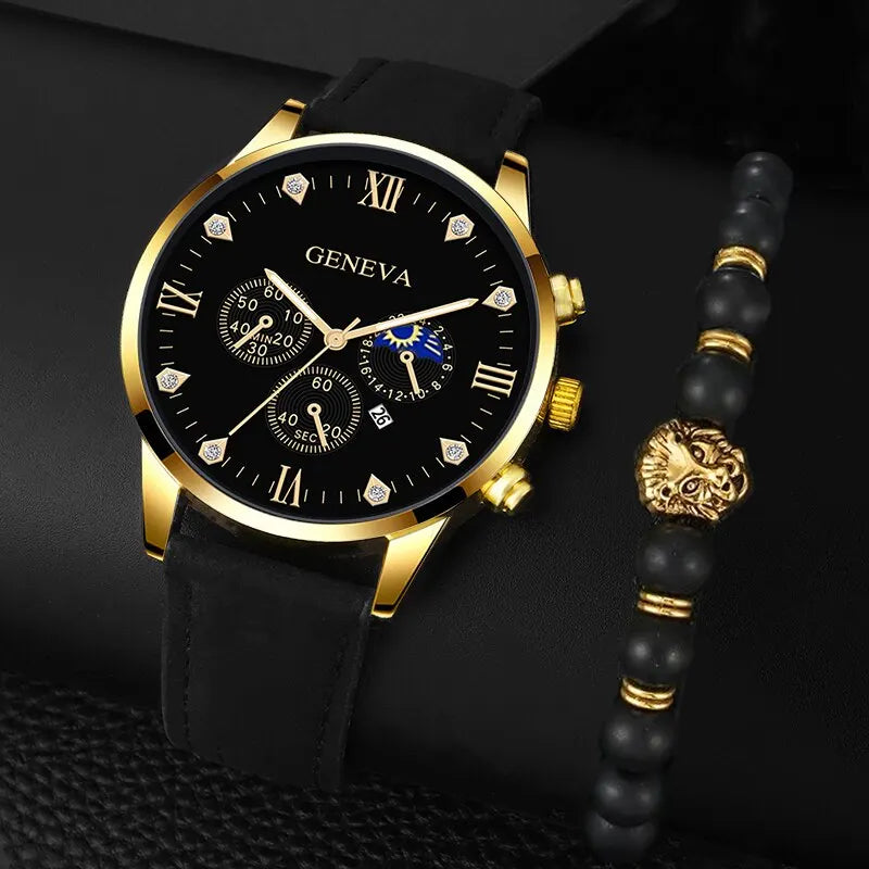 2pcs Luxury Mens Quartz Watches Bracelet Watch Set For Men Business Fashion Casual Round Pointer Calendar Watch