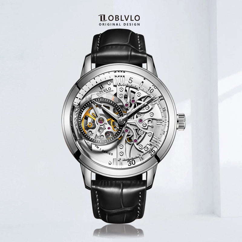 OBLVLO Retro Casual Men Skeleton Automatic Watches Mechanical Calfskin Strap Mineral Crystal Glass Waterproof Clock Dial 45mm VM