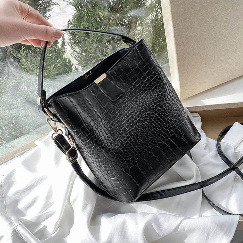 Vintage Alligator Leather Handbag Shoulder Crossbody Bags Fashion Female Bucket Bag Large Capacity Women Tote Bag