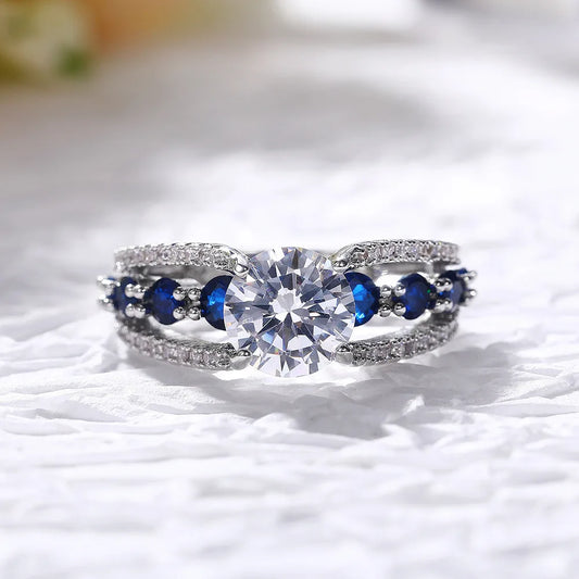 Creative Hollow out Sapphire Blue Zircon Ring for WOMEN'S Luxurious Banquet Engagement Jewelry