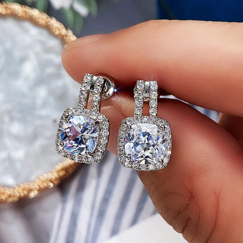 Korean Fashion Silver Color CZ Stud Earrings for Women White Zircon Statement Earring Wedding Party Jewelry Gift Pendiente Mujer