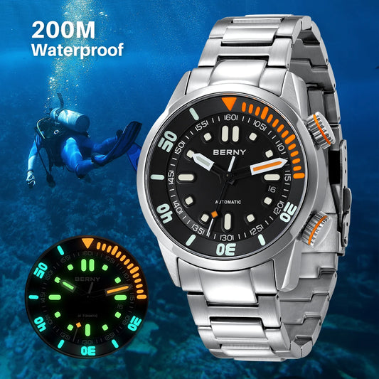 BERNY Automatic Dive Watch for Men Super Luminous Original Design 20ATM Man Wristwatch Sapphire Swim Sport Mechanical Male Watch