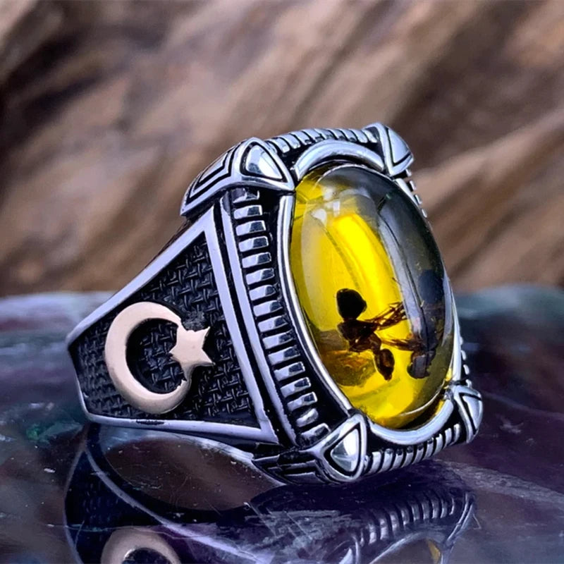 New Vintage Large Oval Natural Agate Stone Rings Men's Vintage Inlaid Yellow Amber Ant Rings for Wedding High Quality Jewelry